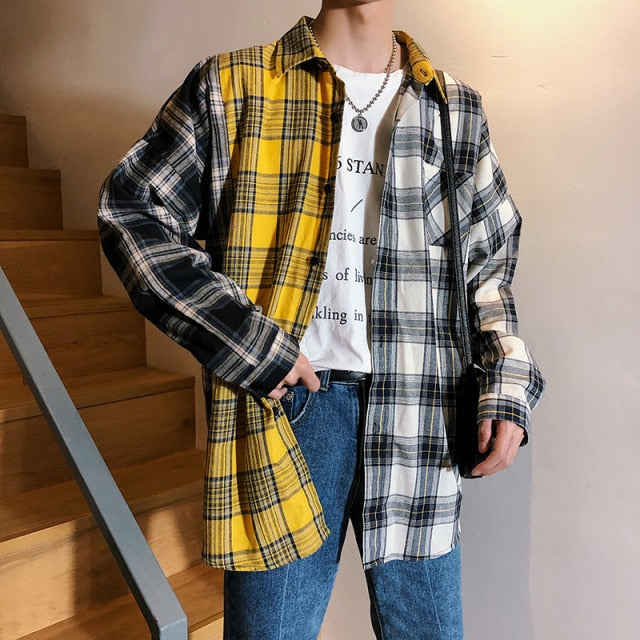 LAPPSTER Men Oversized Cotton Plaid Shirt 2021 Man Hip Hop Patchwork Button Up Long Sleeve Shirt Couple Korean Harajuku Clothing