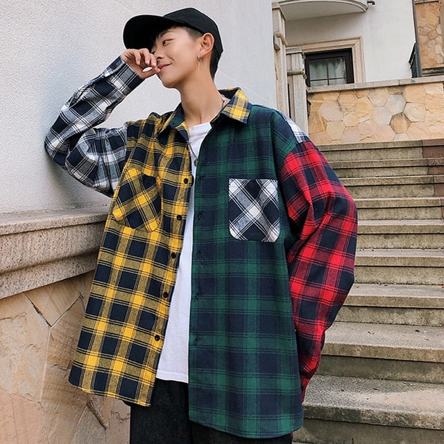 LAPPSTER Men Oversized Cotton Plaid Shirt 2021 Man Hip Hop Patchwork Button Up Long Sleeve Shirt Couple Korean Harajuku Clothing