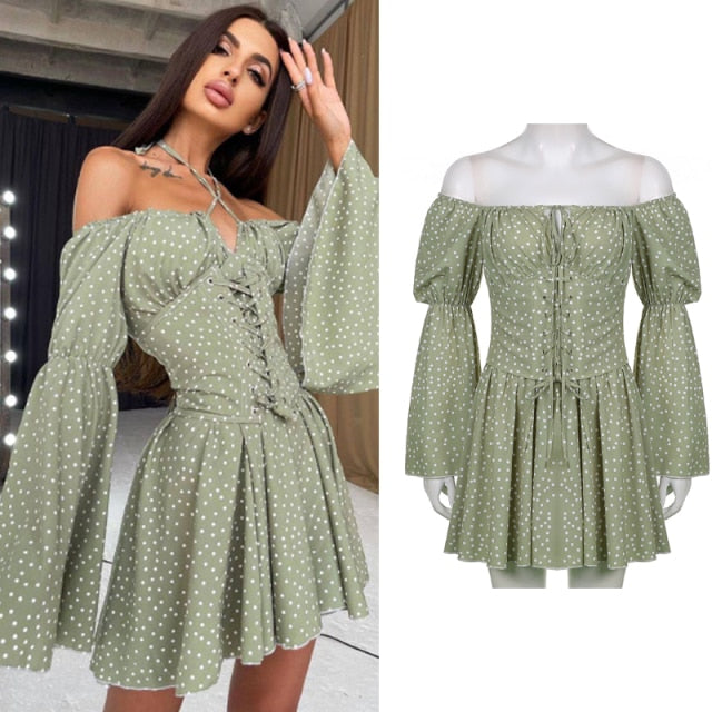 IAMHOTTY Chiffon Slash Neck Mini Dress Women Summer Beach Vacation Long Sleeve Corset Bandage Sundress Party Casual Dresses Pink