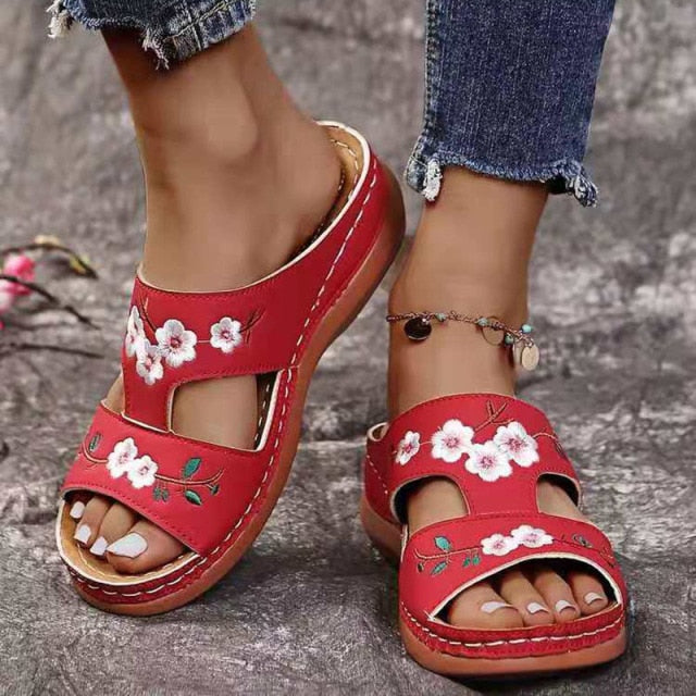 Rimocy Fashion Embroider Soft Slippers Women Summer Open Toe Flock Comfort Beach Shoes Mujer 2021 Outdoor Thick Bottom Slippers