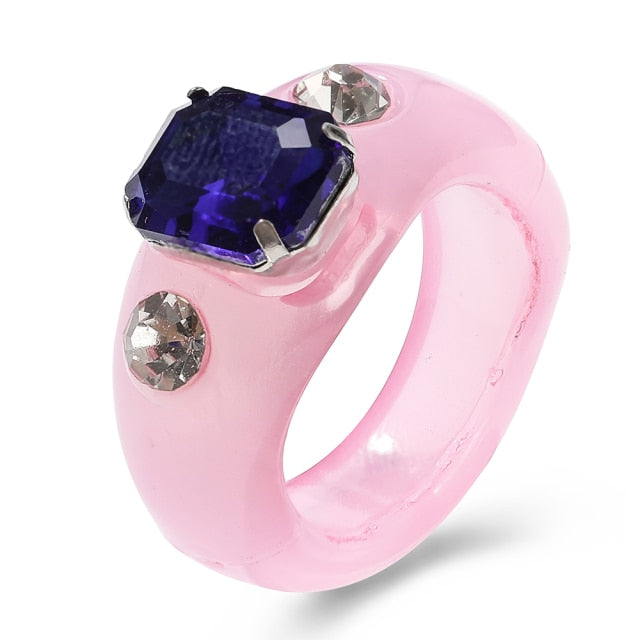 New Cute Transparent Resin Acrylic Handmade Beaded Rhinestone Colourful Geometric Square Round Rings for Women Y2k Jewelry Party