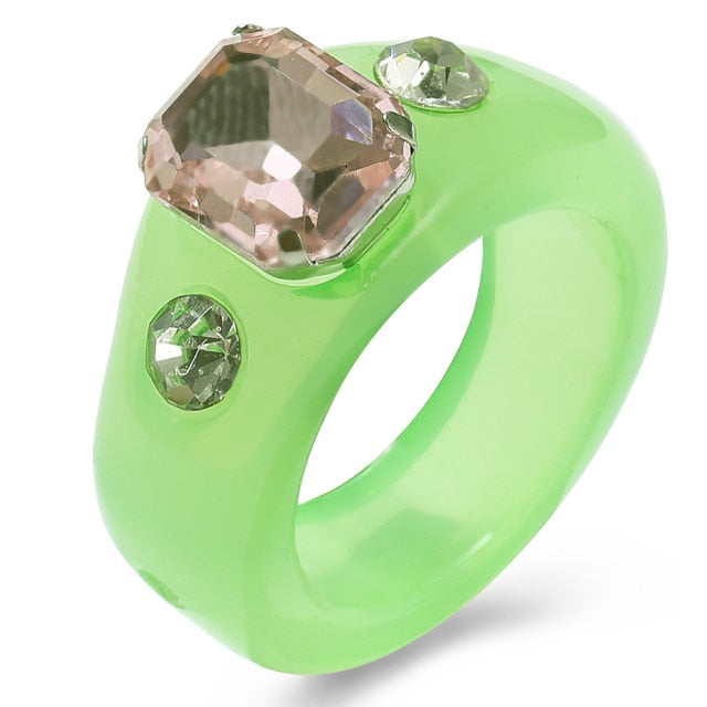 New Cute Transparent Resin Acrylic Handmade Beaded Rhinestone Colourful Geometric Square Round Rings for Women Y2k Jewelry Party