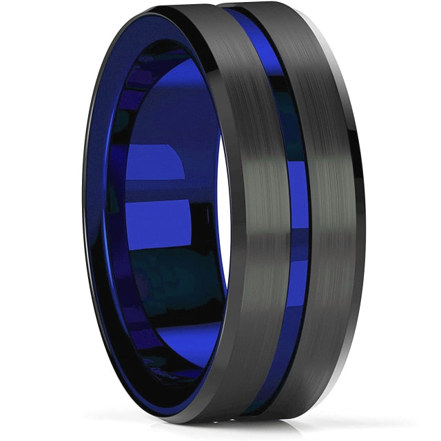 Fashion 8MM Men's Blue Groove Beveled Edge Tungsten Carbide Ring Black Celtic Dragon Blue carbon fibre Ring Men Wedding Band