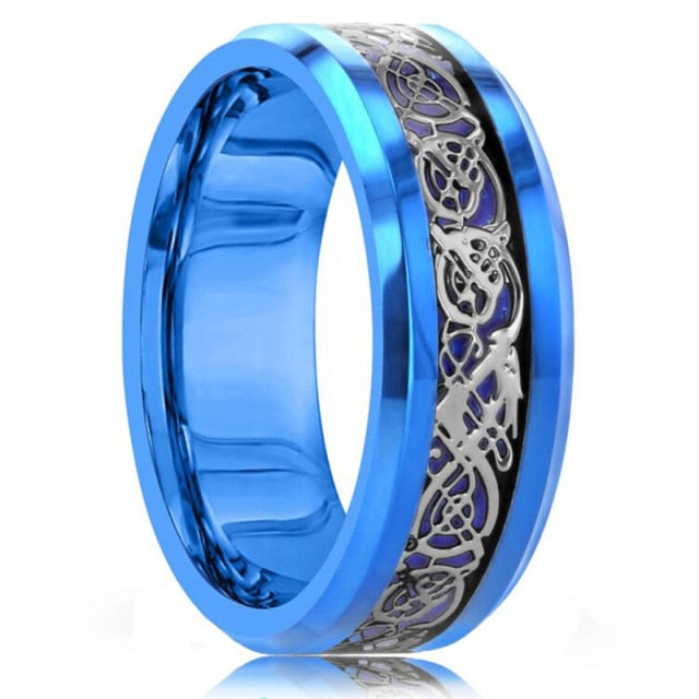 Fashion 8MM Men's Blue Groove Beveled Edge Tungsten Carbide Ring Black Celtic Dragon Blue carbon fibre Ring Men Wedding Band