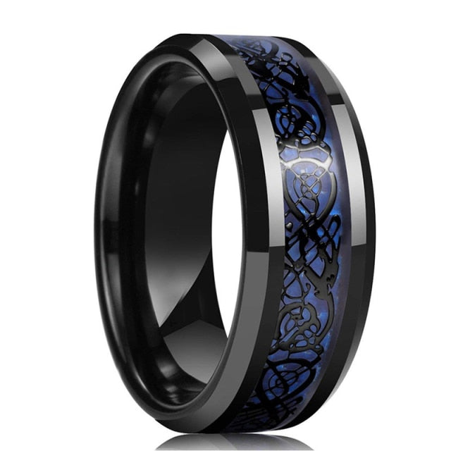 Fashion 8MM Men's Blue Groove Beveled Edge Tungsten Carbide Ring Black Celtic Dragon Blue carbon fibre Ring Men Wedding Band