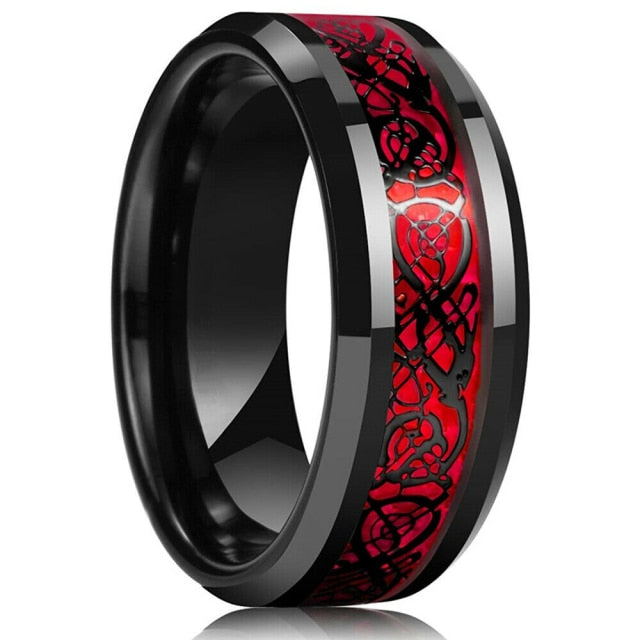 Fashion 8MM Men's Blue Groove Beveled Edge Tungsten Carbide Ring Black Celtic Dragon Blue carbon fibre Ring Men Wedding Band