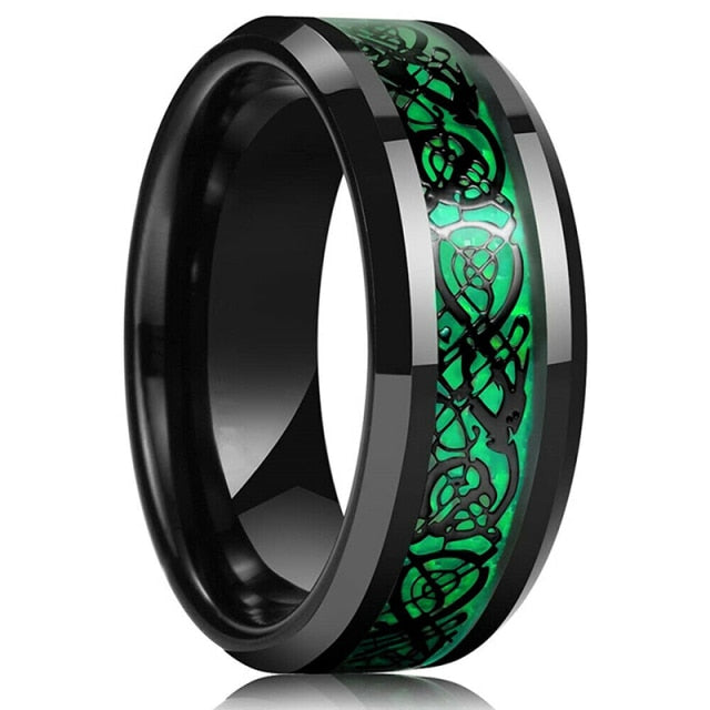 Fashion 8MM Men's Blue Groove Beveled Edge Tungsten Carbide Ring Black Celtic Dragon Blue carbon fibre Ring Men Wedding Band