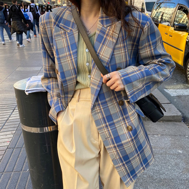 BGTEEVER Vintage Loose Women Jacket Plaid Blazer Autumn Chic Double Breasted Female Long Suit Jackets Stylish Ladies Blazer