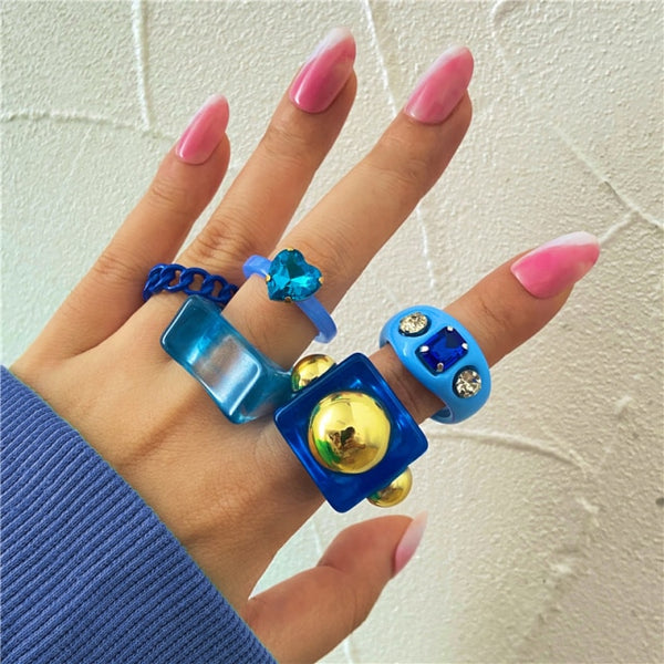 17KM Vintage Golden Heart Rings Set for Women Fashion Pink Green Color Resin Flower Love Heart Ring Wholesale Jewelry