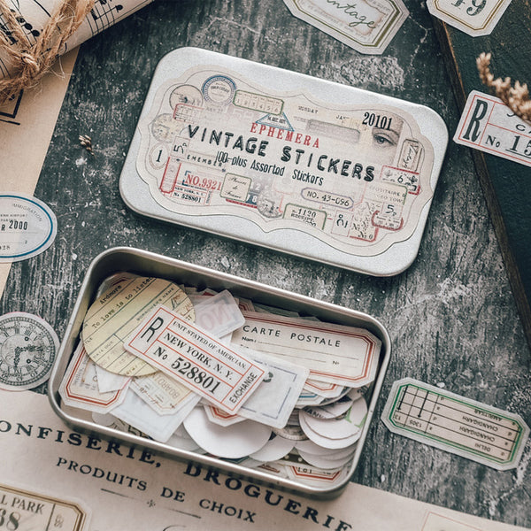 100Pcs Metal Box Junk Journal Ephemera Vintage Stickers Decorative Retro DIY Album Label Stickers Scrapbooking Material Supplies