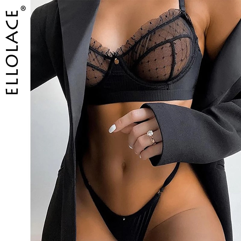 Ellolace Ruffle Lace Lingerie Sexy Women's Underwear Transparent Short Skin Care Kits Sexy Lace Bra Brief Sets Erotic Intimate