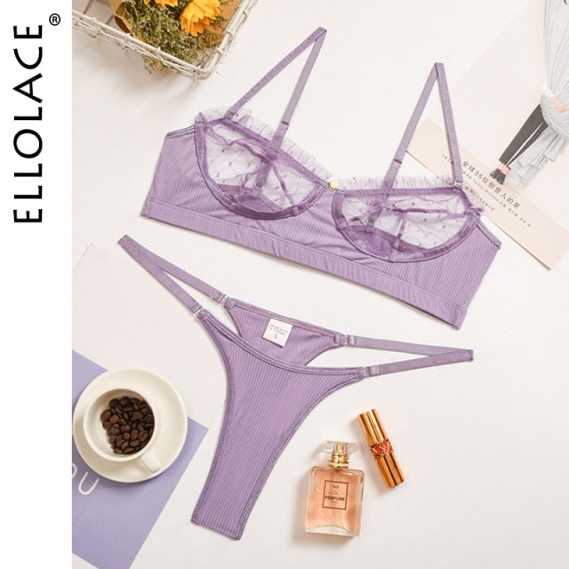 Ellolace Ruffle Lace Lingerie Sexy Women's Underwear Transparent Short Skin Care Kits Sexy Lace Bra Brief Sets Erotic Intimate