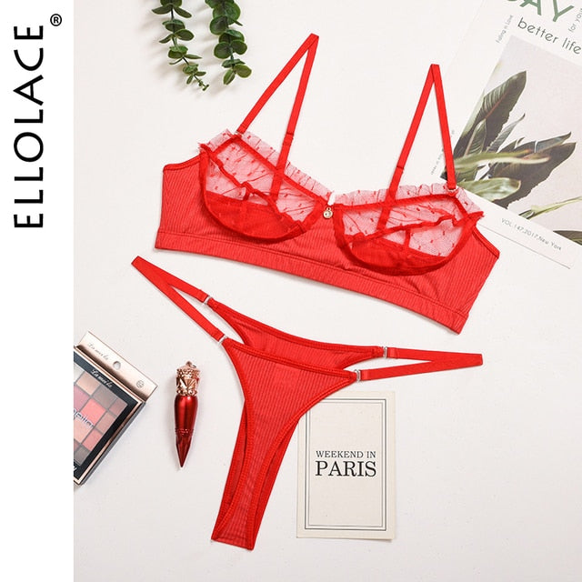 Ellolace Ruffle Lace Lingerie Sexy Women's Underwear Transparent Short Skin Care Kits Sexy Lace Bra Brief Sets Erotic Intimate