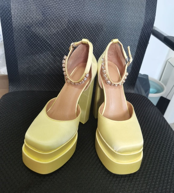 2021 New Brand Women Sandals Summer Shoes Sexy Thick High Heels Platform Black Red Yellow Dress Party Wedding Shoes Woman Pumps