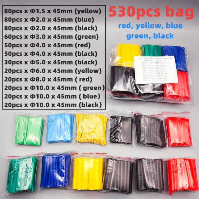 530pcs/Set Polyolefin Shrinking Assorted Heat Shrink Tube Wire Cable Insulated Sleeving Tubing Set 2:1 Waterproof Pipe Sleeve