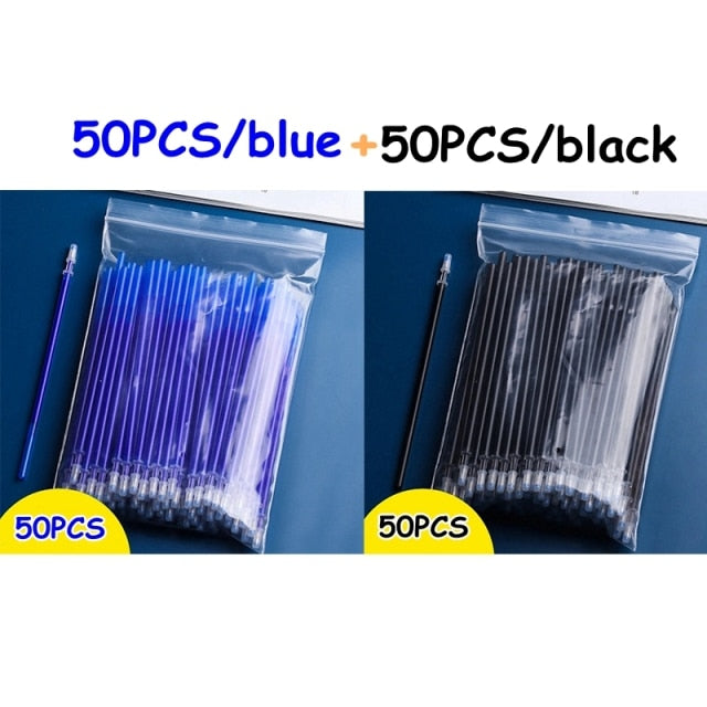 100Pcs/Set Erasable Gel Pen 0.5mm Erasable Pen Refill Rod Blue Black Ink Washable Handle For School Stationery Office Writing