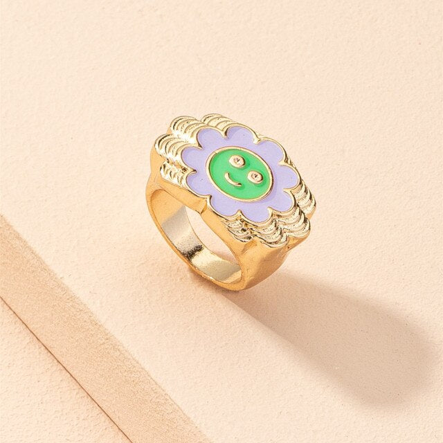 Smile Gal Ring Alien Flower Queen Rings Namel Thick Ring Size Luxury Spring Fine Lucky Jewelry Heart Clouds Rings for Women Gift