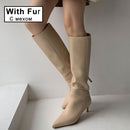 Taoffen Size 33-43 Women Genuine Leather Knee High Boots Pointed Toe Thin Heel Slip On Party Club Winter Ladies Footwear
