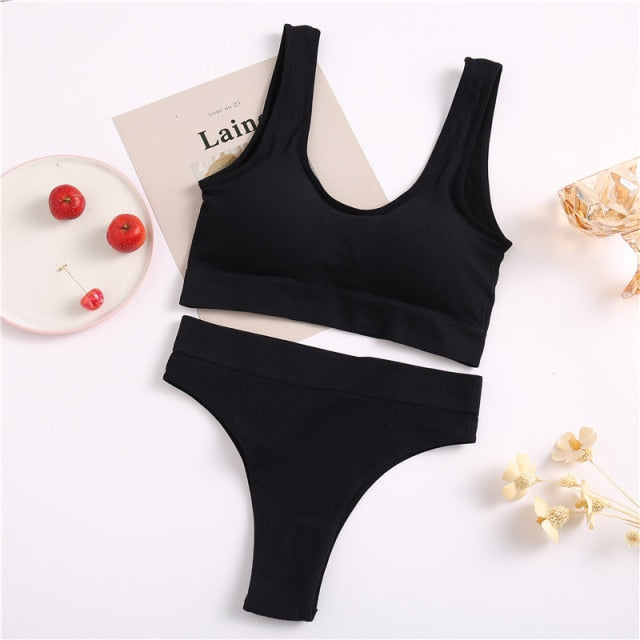 FINETOO Seamless Women Underwear Set Tops Set Panties Women Wireless Lingerie Suit Padded Bras S-XL Backless Bralette Lingeries