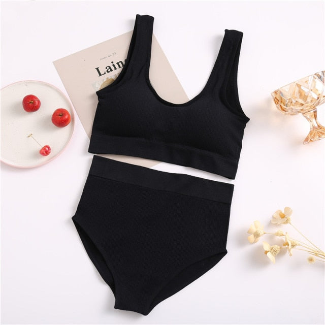 FINETOO Seamless Women Underwear Set Tops Set Panties Women Wireless Lingerie Suit Padded Bras S-XL Backless Bralette Lingeries