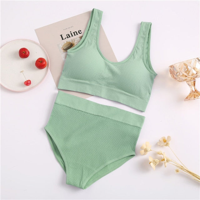 FINETOO Seamless Women Underwear Set Tops Set Panties Women Wireless Lingerie Suit Padded Bras S-XL Backless Bralette Lingeries