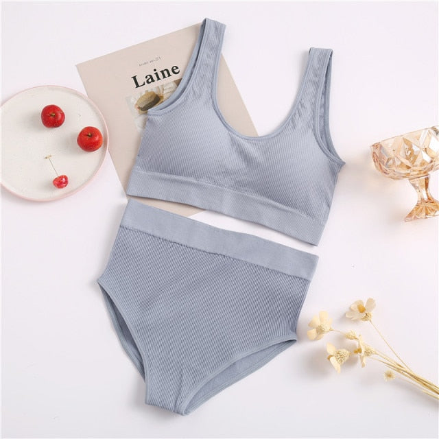 FINETOO Seamless Women Underwear Set Tops Set Panties Women Wireless Lingerie Suit Padded Bras S-XL Backless Bralette Lingeries