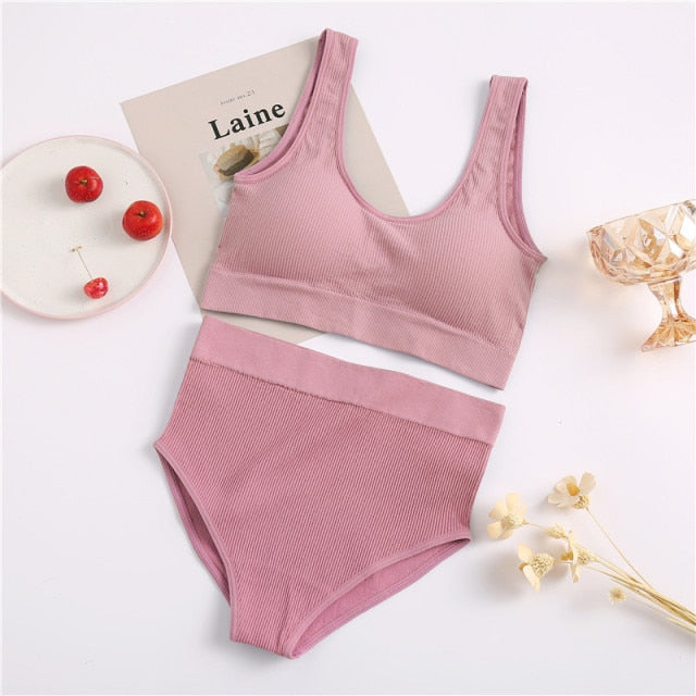 FINETOO Seamless Women Underwear Set Tops Set Panties Women Wireless Lingerie Suit Padded Bras S-XL Backless Bralette Lingeries