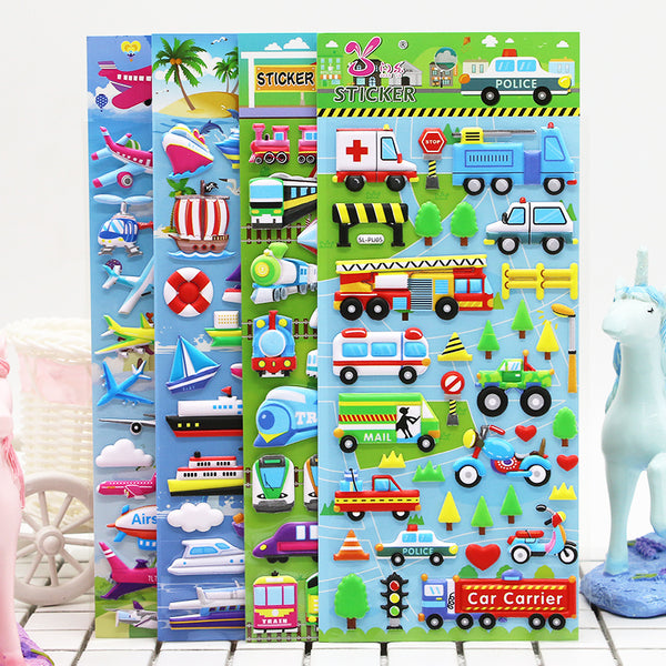 5 Sheets 3D Bubble Sticker Car Truck Plane Traffic Waterproof Cartoon Anime Stickers For Girl Boy Kids Funny Educational Toys