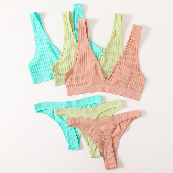 2PCS Bra Set Women Underwear Set Seamless Deep V Bra Ribbed Tops Sexy Lingerie Female Low Back Bralette Fashion Brassiere