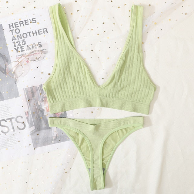2PCS Bra Set Women Underwear Set Seamless Deep V Bra Ribbed Tops Sexy Lingerie Female Low Back Bralette Fashion Brassiere