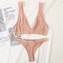 2PCS Bra Set Women Underwear Set Seamless Deep V Bra Ribbed Tops Sexy Lingerie Female Low Back Bralette Fashion Brassiere