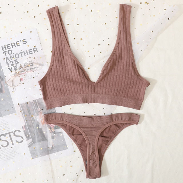2PCS Bra Set Women Underwear Set Seamless Deep V Bra Ribbed Tops Sexy Lingerie Female Low Back Bralette Fashion Brassiere