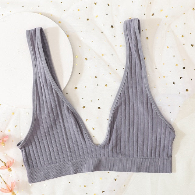 2PCS Bra Set Women Underwear Set Seamless Deep V Bra Ribbed Tops Sexy Lingerie Female Low Back Bralette Fashion Brassiere