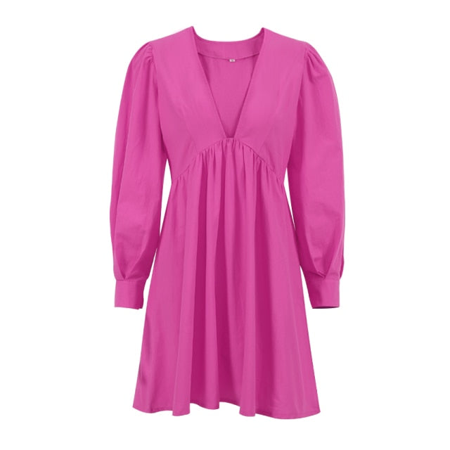 OOTN Deey V Neck Sexy Black Dress Women Puff Sleeve A Line Ladies Dress High Waist Casual Elegant Autumn Winter White Dresses