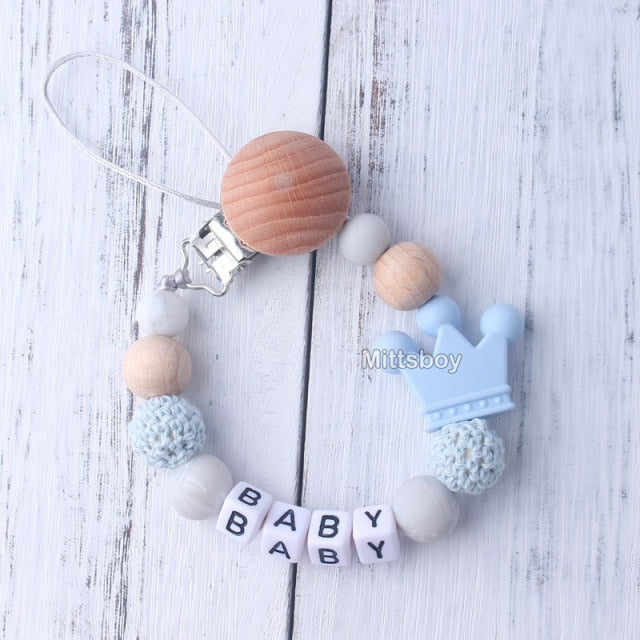 New Personalized Name Handmade Beech Pacifier Clips Holder Chain Silicone Crown Pacifier Chains Baby Teether Teething Chain Gift