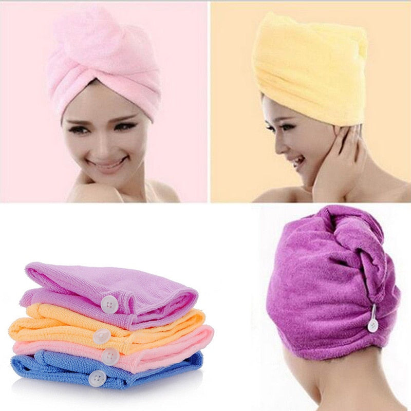 White Coral Velvet Dry Hair Bath Towel Microfiber Quick Drying Turban Super Absorbent Women Hair Cap Wrap with Button thicken