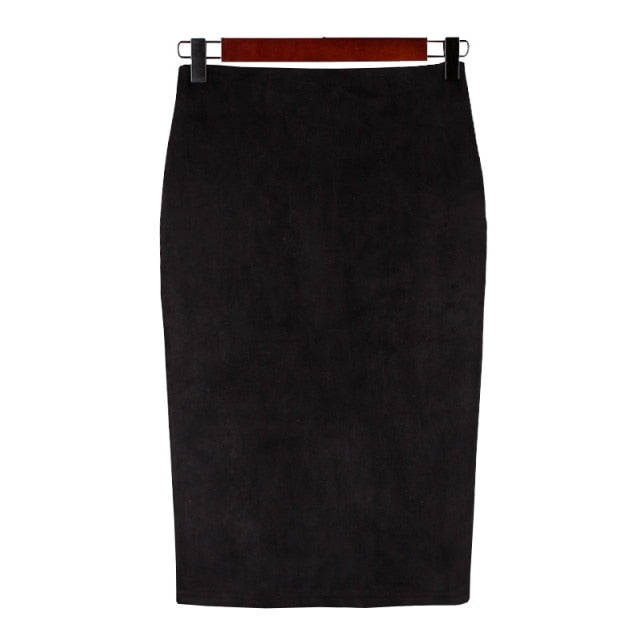Sexy Multi Color Suede Midi Pencil Skirt Women 2021 Fashion Elastic High Waist Office Lady Bodycon Skirts Saias