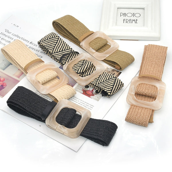 1pc Summer Women Braided Elastic Belt Buckle Vintage Bohe Straw Buckle Belt Women Knitted Belt Dress Belt 6styles