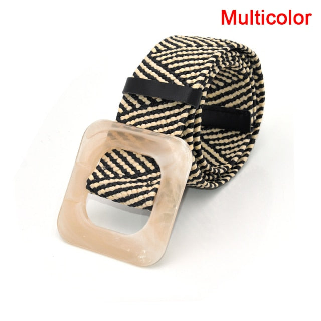 1pc Summer Women Braided Elastic Belt Buckle Vintage Bohe Straw Buckle Belt Women Knitted Belt Dress Belt 6styles