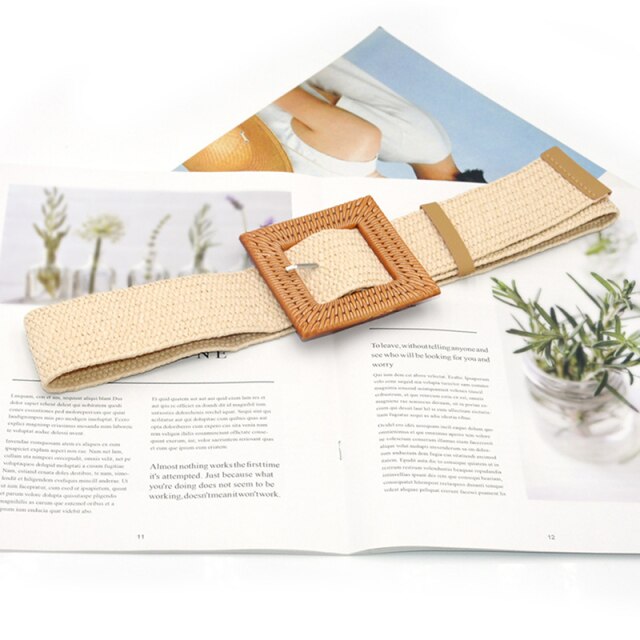 1pc Summer Women Braided Elastic Belt Buckle Vintage Bohe Straw Buckle Belt Women Knitted Belt Dress Belt 6styles