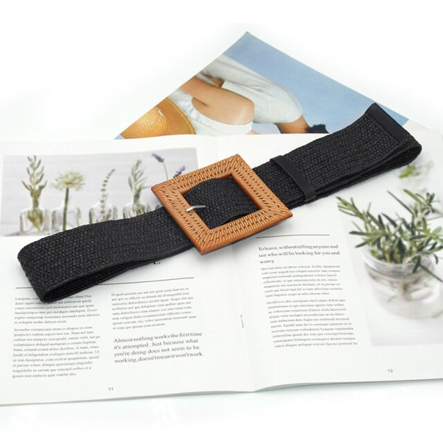 1pc Summer Women Braided Elastic Belt Buckle Vintage Bohe Straw Buckle Belt Women Knitted Belt Dress Belt 6styles