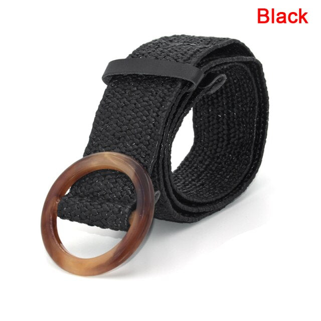 1pc Summer Women Braided Elastic Belt Buckle Vintage Bohe Straw Buckle Belt Women Knitted Belt Dress Belt 6styles