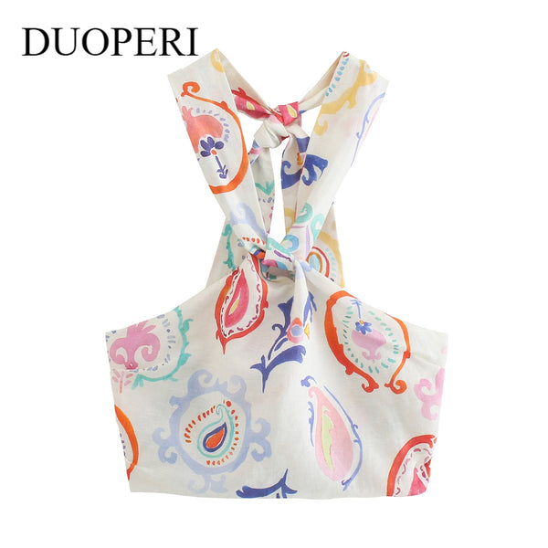 DUOPERI 2021 Fashion Printed Crop Top Women Casual Elastic Bust Chic Lady Halter Top Summer y2k Tops Female Camis