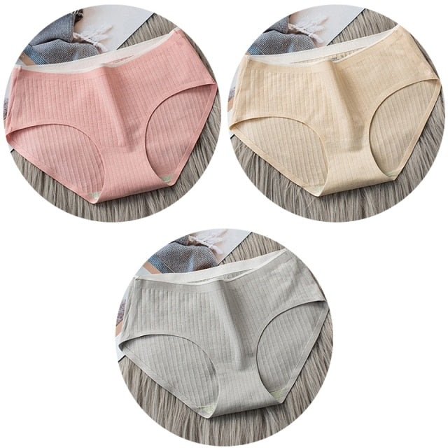 3Pcs Women's Underwear Cotton Seamless Stripes Panties Soild Color Skin- friendly Lingerie Woman Panty Low Waist M-XL Plus Size