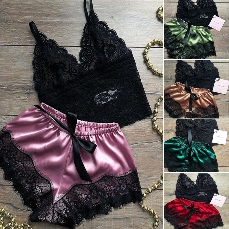 Women's Pajamas Lace Sleepwear  V Neck Lingerie Set Sleeveless Sexy Nightwear Spaghetti Strap Vest+Short Pants Sleeping Wear