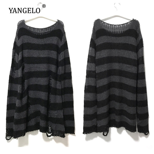 Punk Gothic Long Unisex Sweater 2020 Summer Women Striped Cool Hollow Out Hole Broken Jumper Loose Rock Thin Dark Streetwear Top