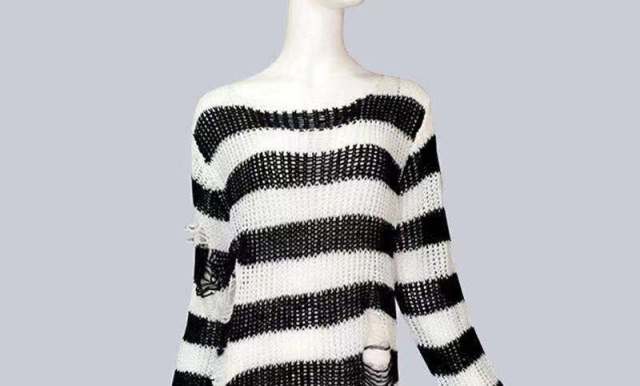 Punk Gothic Long Unisex Sweater 2020 Summer Women Striped Cool Hollow Out Hole Broken Jumper Loose Rock Thin Dark Streetwear Top