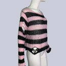 Punk Gothic Long Unisex Sweater 2020 Summer Women Striped Cool Hollow Out Hole Broken Jumper Loose Rock Thin Dark Streetwear Top