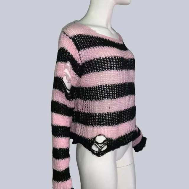 Punk Gothic Long Unisex Sweater 2020 Summer Women Striped Cool Hollow Out Hole Broken Jumper Loose Rock Thin Dark Streetwear Top