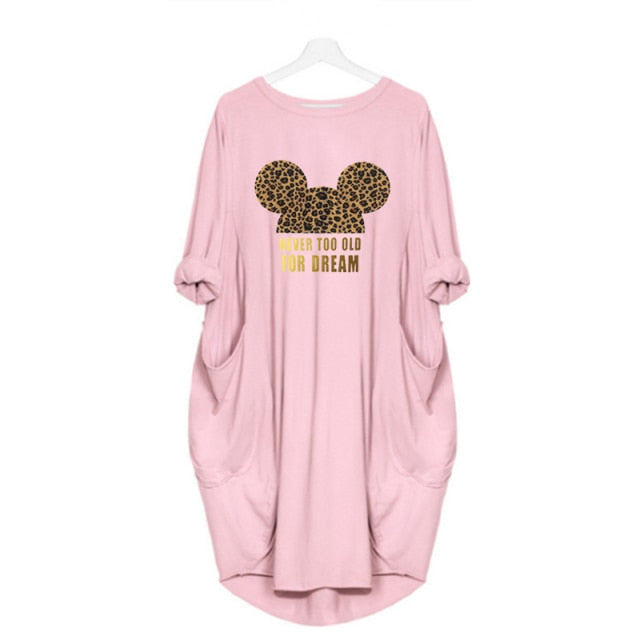 Mickey Mouse Dress for Women Casual Loose Midi Dresses Leopard Print Pocket Vintage Vestido Fall Maxi Clothes Party Robe Femme